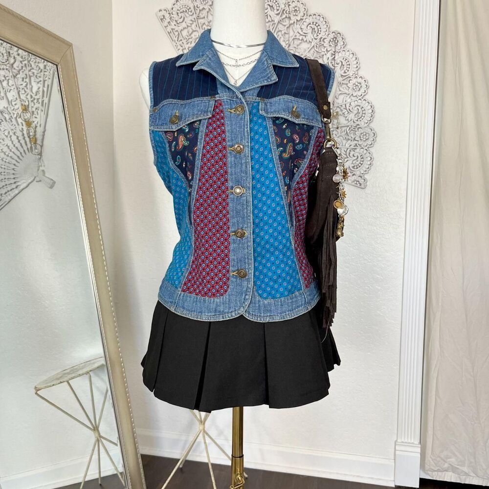Carole Little Vintage 90s Denim Tapestry Patchwork Button Up Vest Top S